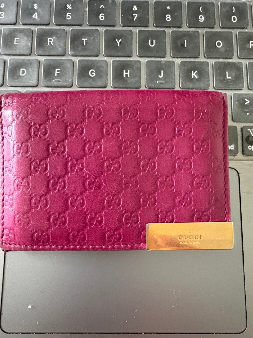 Gucci Plum Embossed GG Leather Card Wallet with Gold Plaque